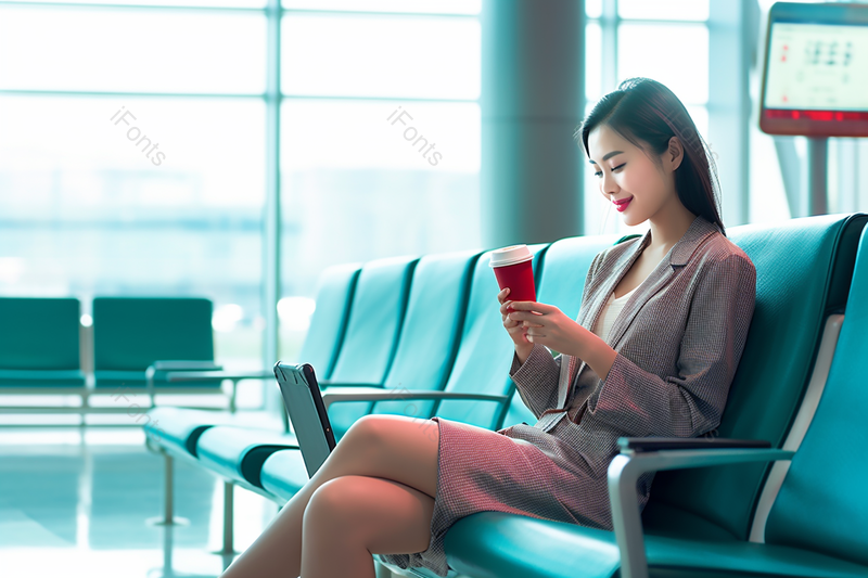 亚洲商务女性女士端着一杯饮料在候车厅等候摄影背景,高清,摄影图,摄影图片,图片大全,摄影图免费下载